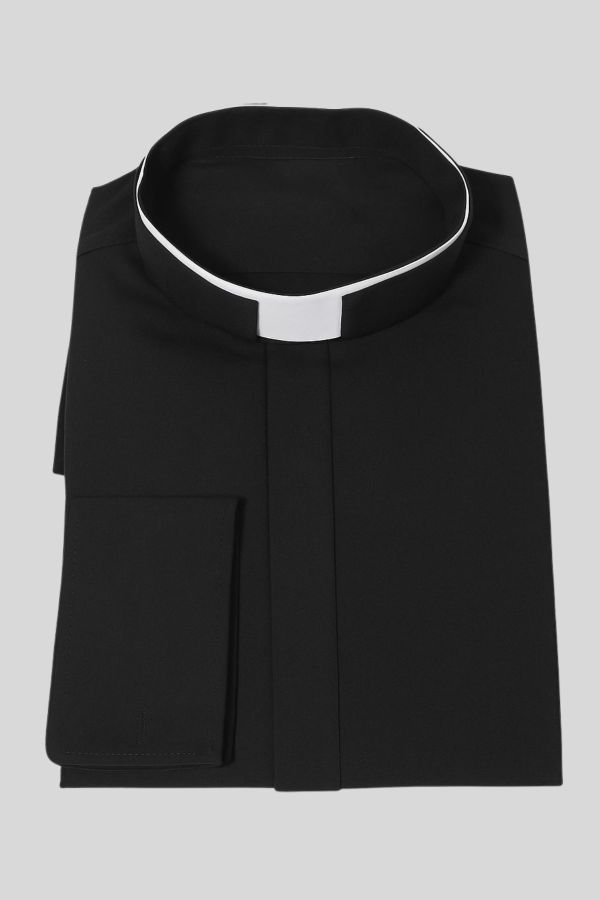 Black Clergy Shirt with Tonsure Collar & French Cuffs - Holy Clergy