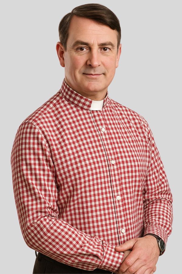 Elegant Red Plaid Tab Collar Clergy Shirt for Men