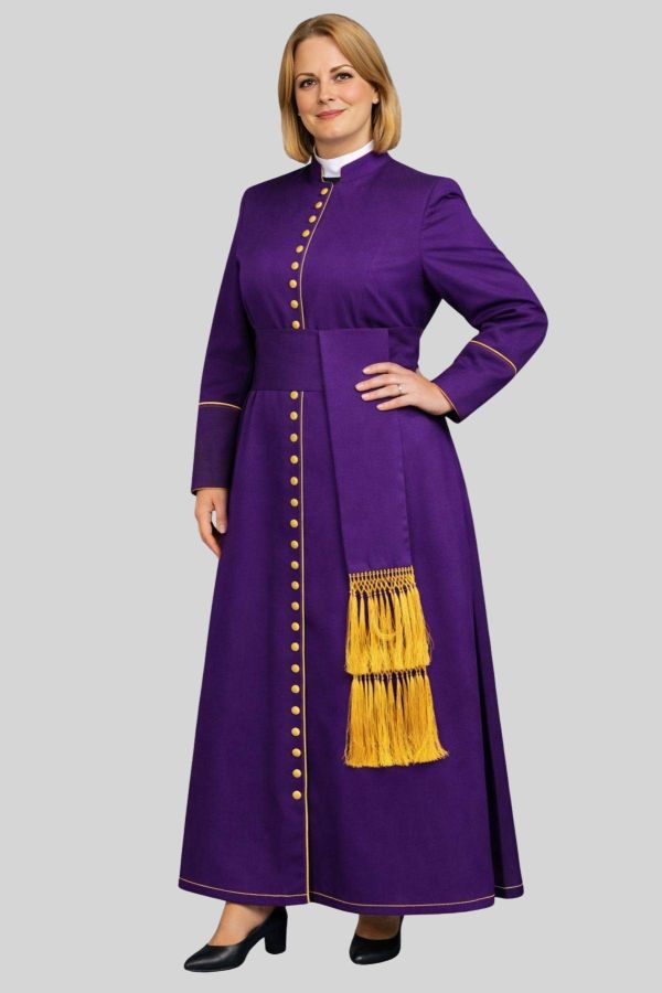 Episcopal Women's Roman Purple Cassock with Golden Trim