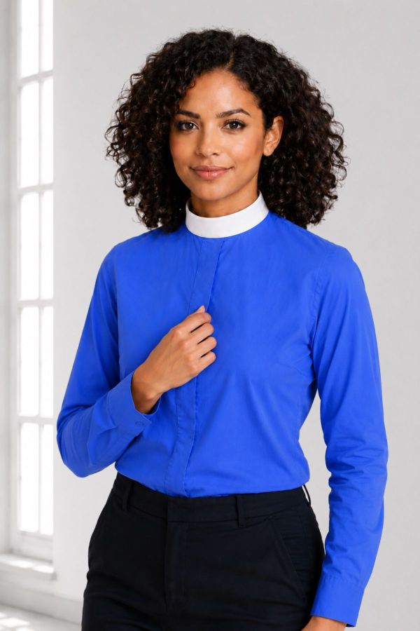 Royal Form Neckband Women's Clerical Shirt in Royal Blue